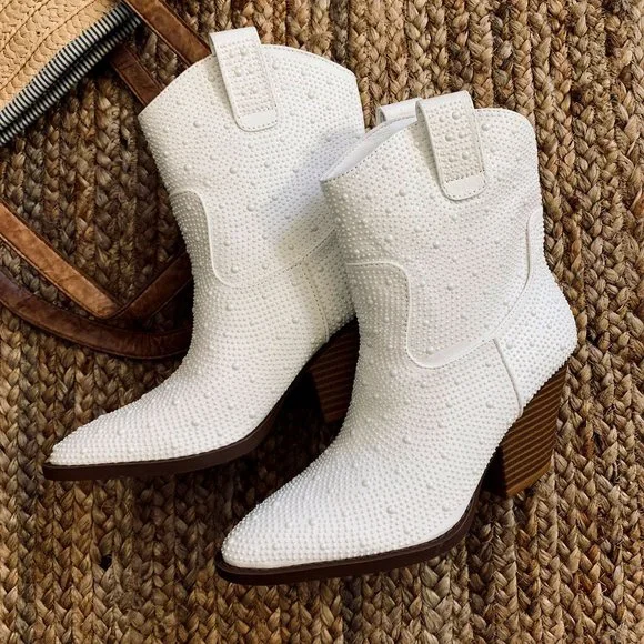 NEW🔥Ivory Faux Pearl Embellished Cowboy Cowgirl Western Heel Ankle Booties Boot - Picture 8 of 12